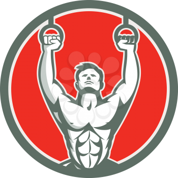 Illustration of a crossfit athlete body weight exercise hanging hangoing on gymnastic rings kipping muscle up facing front inside shield crest done in retro style on isolated white background