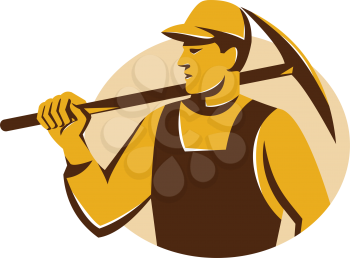 vector illustration of a miner worker with pick ax looking to the side set inside ellipse done in retro style.