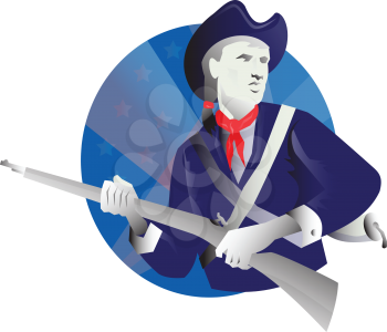 vector illustration of an American minuteman revolutionary soldier with rifle musket and stars and stripes in the background.