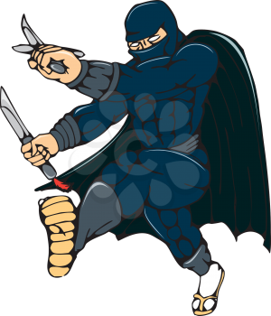 Cartoon style illustration of a masked ninja warrior superhero holding sword and knife kicking viewed from front on isolated white background.