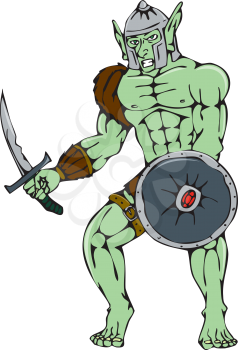 Cartoon style illustration of an orc warrior wielding sword and shield viewed from front on isolated white background.