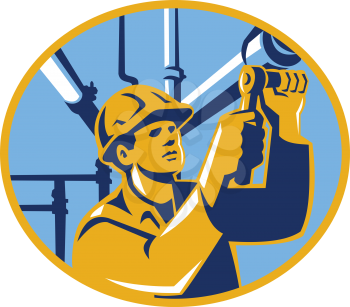 Illustration of a gas pipefitter plumber maintenance worker with socket wrench tightening pipe tubing set inside oval done in retro style.