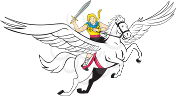 Illustration of a valkyrie of Norse mythology female rider Amazon warriors riding horse with sword done in cartoon style on isolated white background. 