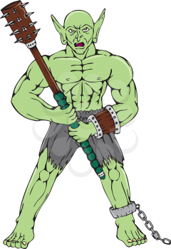 Cartoon style illustration of an orc warrior wielding a club and shield viewed from front on isolated white background.