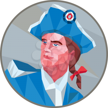 Low Polygon style illustration of a american patriot minuteman looking up to the side set inside circle. 