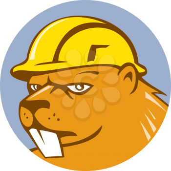 Illustration of a beaver construction worker wearing hard hat set inside circle on isolated background done in cartoon style.