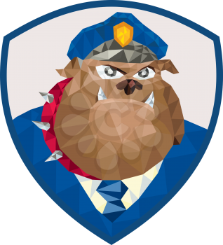 Low Polygon style illustration of a bulldog policeman police officer facing front set inside shield crest on isolated background.