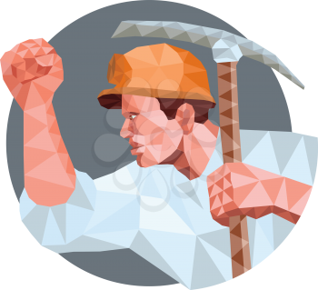Low Polygon style illustration of a coal miner wearing hardhat pumping fist  holding pick axe and showing fist viewed from the side set inside circle.