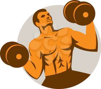 Illustration of a crossfit athlete muscle-up strongman lifting dumbbells looking up facing front set inside circle done in retro style on isolated background.