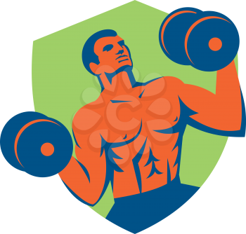 Illustration of a crossfit athlete muscle-up strongman lifting dumbbells looking up facing front set inside shield crest done in retro style on isolated background.