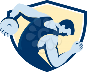 Illustration of a discus thrower viewed from the side set inside shield crest on isolated background done in retro style. 