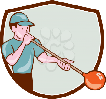 Illustration of a glassblower, glassworker,glassmith, or gaffer glassblowing blowing glass viewed from front set inside shield done in cartoon style.