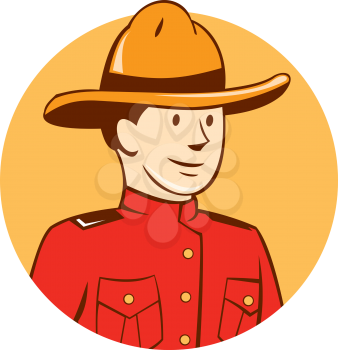 Illustration of a mounted policeman police officer bust looking to the side set inside circle done in cartoon style on isolated background. 
