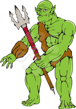 Cartoon style illustration of an orc warrior standing holding a trident viewed from front on isolated white background.