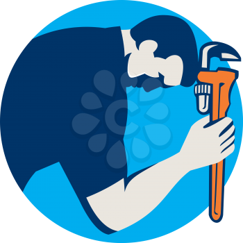 Illustration of a plumber bowing holding monkey wrench viewed from the side set inside circle on isolated background done in retro style. 