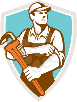 Illustration of a plumber wearing hat holding monkey wrench rolling sleeve looking to the side set inside shield crest on isolated background done in retro style.