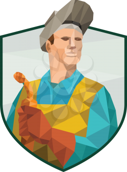 Low Polygon style illustration of welder worker working holding welding torch viewed from front set inside shield crest on isolated background. 