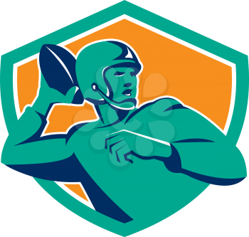 Illustration of an american football gridiron quarterback player passing throwing ball  facing side set inside crest shield on isolated background done in retro style.