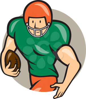 Illustration of an american football gridiron player running back with ball facing side set inside circle on isolated background done in cartoon style. 