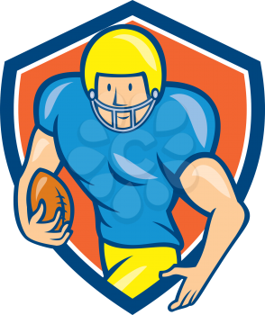 Illustration of an american football gridiron player running back with ball facing side set inside shield crest on isolated background done in cartoon style. 