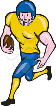 Illustration of an american football gridiron player running back with ball facing side set on isolated white background done in cartoon style. 