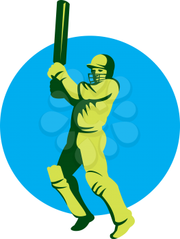 Illustration of a cricket player batsman with bat batting facing front set inside circle done in retro style on isolated background.