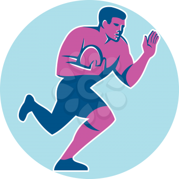 Illustration of rugby union player with ball fending running set inside circle on isolated background done in retro style. 