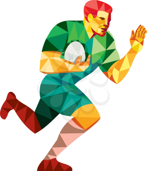 Low polygon style illustration of rugby union player with ball fending running set on isolated white background. 