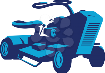 vector illustration of a vintage ride on lawn mower viewed from front on low angle done in retro style.