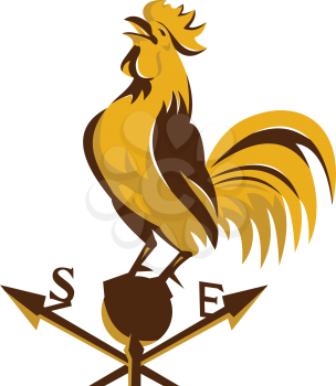 vector illustration of a rooster cockerel crowing perching on weather vane viewed from low angle done in  retro style.