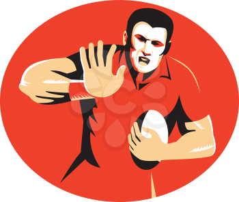 vector illustration of a rugby player with ball fending off done in retro style set inside ellipse.