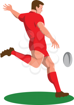 vector illustration of a rugby player kicking ball viewed from side done in retro style.