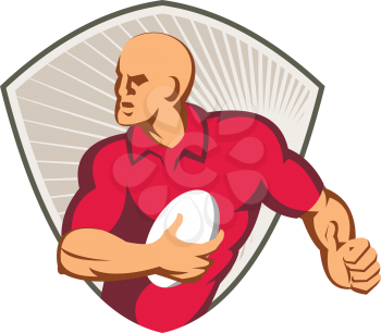 vector illustration of a rugby player running with ball set inside shield done in retro style.
