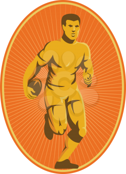 illustration of a rugby player running with the ball set inside ellipse with sunburst.