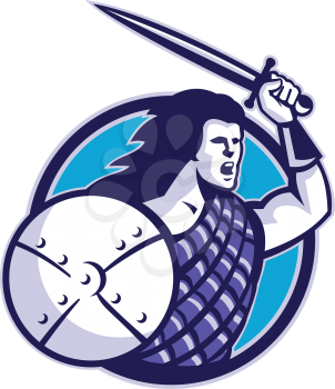 Illustration of a scottish scotland highlander warrior with sword and shield set inside circle done in retro style.