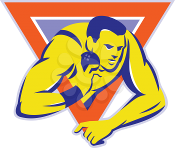 vector illustration of a shotput throw track and field athlete in action set inside triangle done in retro style.