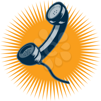vector illustration of a vintage telephone with cord done retro style with sunburst in background.