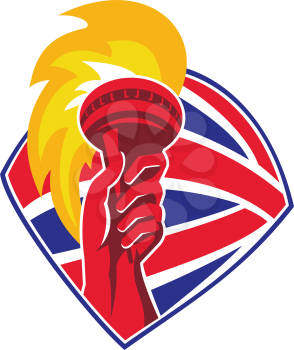 vector illustration of a hand hold flaming torch set inside shield with great britain british flag in background done in retro style.