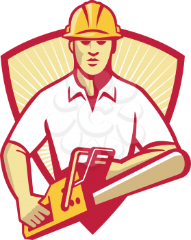vector illustration of atree surgeon arborist gardener tradesman worker holding a chainsaw facing front set inside shield with sunburst done in retro style on isolated white background.