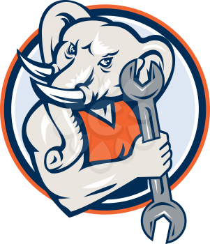 Illustration of an african elephant mascot mechanic holding spanner set inside circle on isolated background done in retro style. 