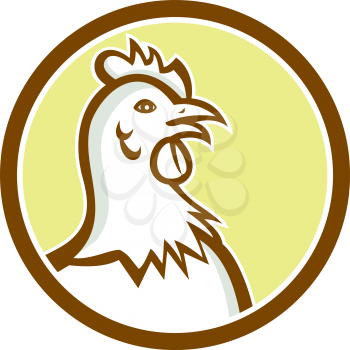 Illustration of a chicken hen head viewed from side set inside circle on isolated background done in cartoon style. 