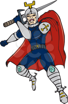 Cartoon style illustration of a knight with cape brandshing a sword viewed from front on isolated background.