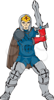 Cartoon style illustration of a knight with cape wielding a sword viewed from front on isolated background.