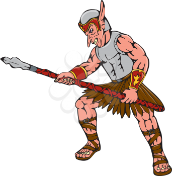 Cartoon style illustration of an orc warrior thrusting a spear viewed from side on isolated background.