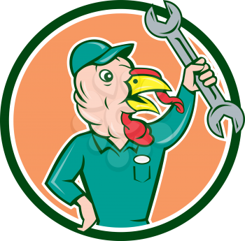 Illustration of a wild turkey mechanic holding clutching spanner set inside circle done in cartoon style on isolated background.