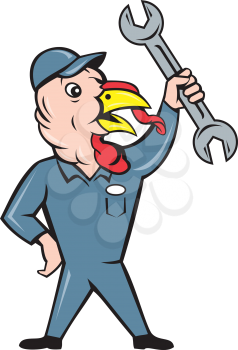 Illustration of a wild turkey mechanic standing holding clutching spanner looking to the side set done in cartoon style on isolated white background.