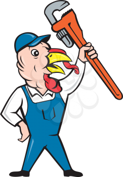 Illustration of a wild turkey plumber standing holding clutching monkey wrench looking to the side done in cartoon style on isolated white background.