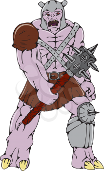 Cartoon style illustration of an orc warrior wielding a club with thorns and spikes viewed from front on isolated background.