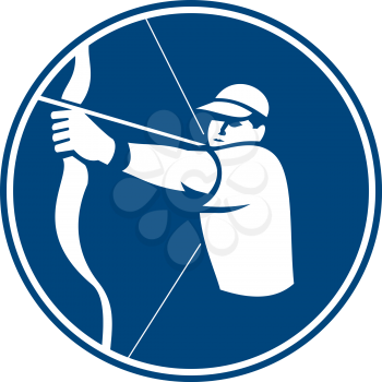 Icon illustration of an archer with bow and arrow aiming set inside circle on isolated background done in retro style.
