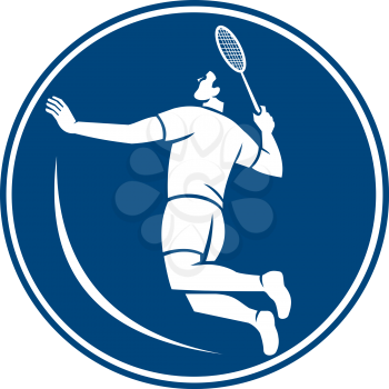 Icon illustration of a badminton player holding racquet jumping smashing viewed from side set inside circle on isolated background done in retro style.
